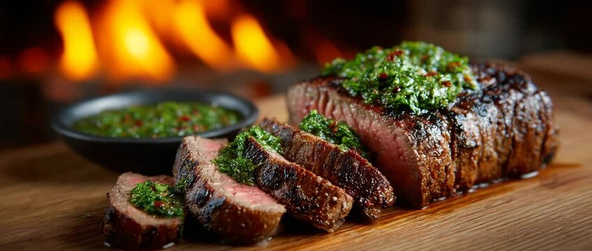 Sliced asado cooked beef steak on a cutting board.