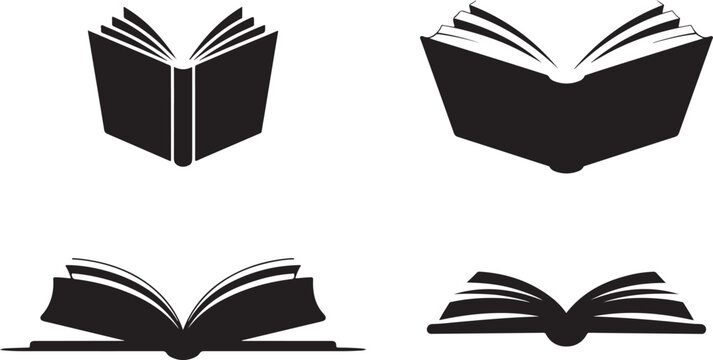 Four simple black book icons open and closed