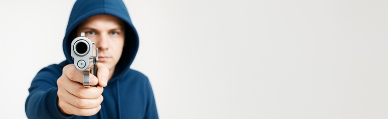 Man in hoodie pointing handgun directly at camera with copy space on white background for awareness, safety, or crime prevention concept.