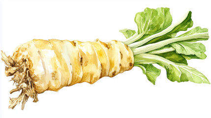 Vector illustration of watercolor paint, one single horseradish root of wasabi, isolated on white background