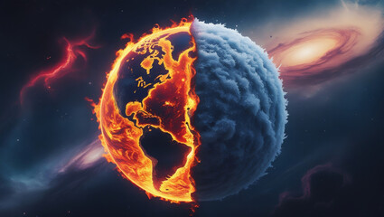 Cosmic scene of a planet divided between intense flames and frozen frost. Great for game backgrounds, movie concepts, and surreal digital art projects.