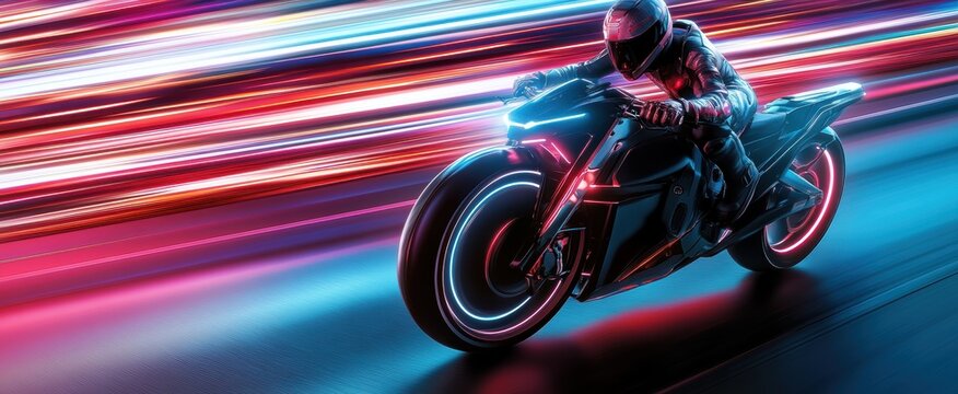 Futuristic Motorcycle Racing Through Neon Lights in High Speed with a Dynamic Motion Blur Effect
