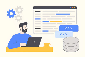 A focused software developer working on a laptop, surrounded by symbolic technical elements such as code brackets, a database stack, and mechanical gears. The scene represents programming, web develop