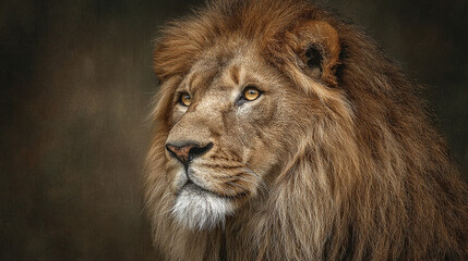 Fototapeta premium Majestic male lion in profile against a warm tan textured background. Symbolizes strength, courage, nobility, and the wild beauty of nature.