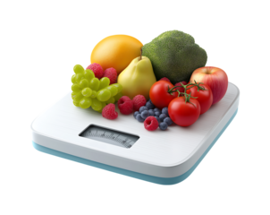 A kitchen scale with fruits and vegetables on it, in a blue color isolated against a transparent background