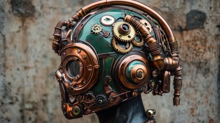 Obraz premium Intricate Steampunk Helmet Design with Gears, Pipes, and Vintage Aesthetic for Unique Art Projects