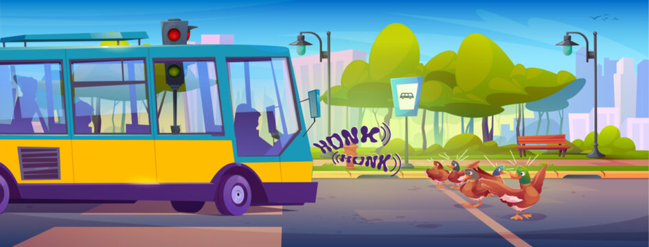 Fototapeta Ducks cross city road while yellow bus blares loud honk. Brown birds scatter from sound near green park, traffic lights overhead. Urban cartoon landscape with benches, buildings for game backgrounds.