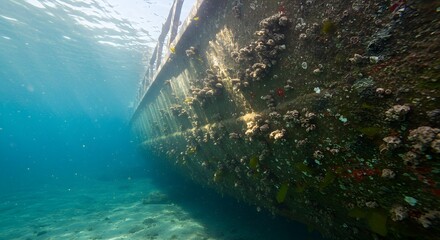 An underwater view of a ship hull heavily covered with marine biofouling organisms such as barnacles, algae, and other sea growth, illustrating biofouling issues in maritime industries.