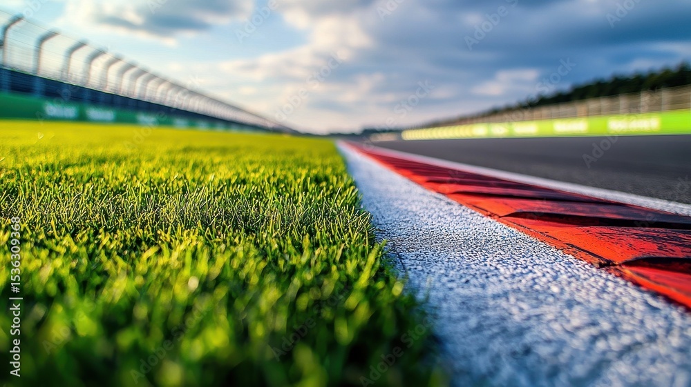 Wall mural a close-up view of an empty f1 track edge features vibrant grass and clear skies. the sharp lines an
