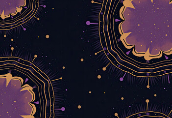 A mysterious and elegant abstract background featuring cosmic, geode-like shapes in purple and gold glitter against a dark, starry canvas for a luxury design.
