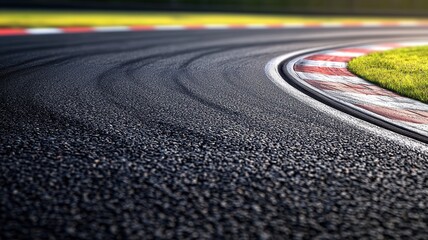 A close-up view of an empty F1 track, showcasing the smooth asphalt curves and tire marks, surrounded by vibrant green grass under sunlight. Perfect for racing enthusiasts.