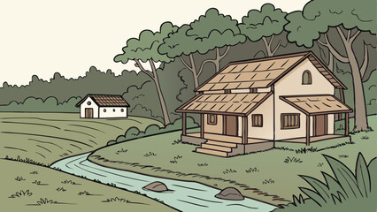 Beautiful rural village home, cartoon background of an Indian village