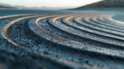 A close-up view capturing the intricate textures of an empty F1 track, highlighting the smooth asphalt and gentle curves in natural light.