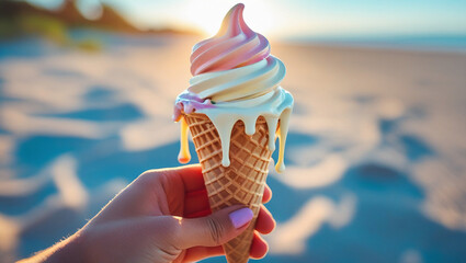 Refreshing scene of hand holding ice cream cone by the beach, blurred sand and ocean backdrop ideal for summer, dessert, and leisure visuals.