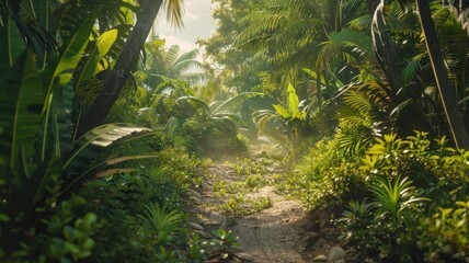 Experience a vibrant jungle path in Dakar, showcasing a lush green environment filled with dense foliage. Perfect for nature lovers and adventure seekers.