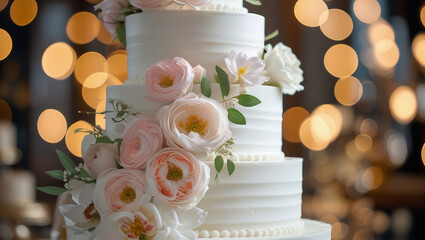 Beautiful of wedding cake with soft floral decorations and warm lighting. Ideal for wedding planners, luxury blogs, and romantic celebrations.