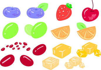 Fruit and red beans separated against a white background. Summer colorful background. Delicious food collection. Simple modern design. Flat style vector illustration.