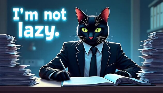 An illustrated cat in a suit working at a desk with piles of papers and the quote: &ldquo;I&rsquo;m not lazy.&rdquo; in tech-style font.
