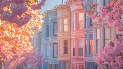 Pastel-colored houses with blossoming cherry trees.