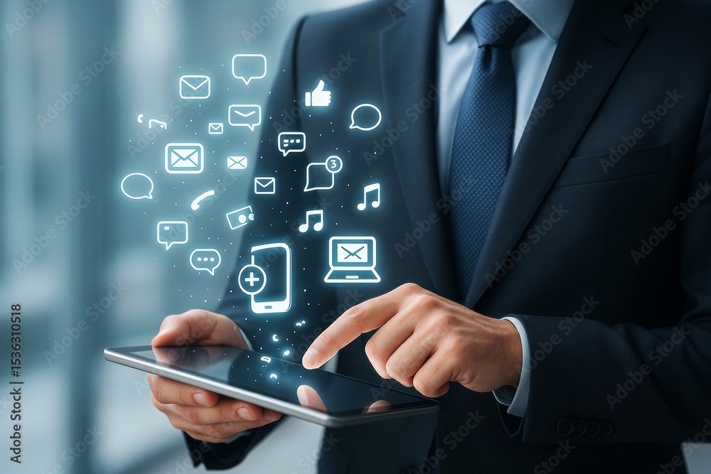Poster Businessman using digital tablet with glowing icons of communication, media and technology apps on abstract light background. Ai generative.