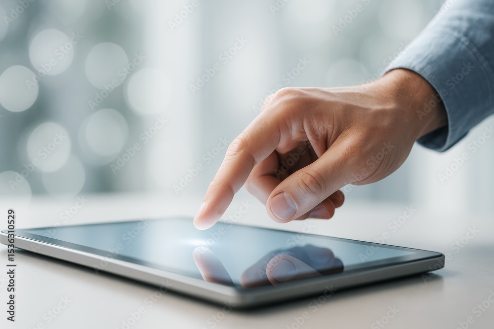 Poster Man using digital tablet with finger touch on screen in bright office setting, symbolizing modern technology and interactive communication..