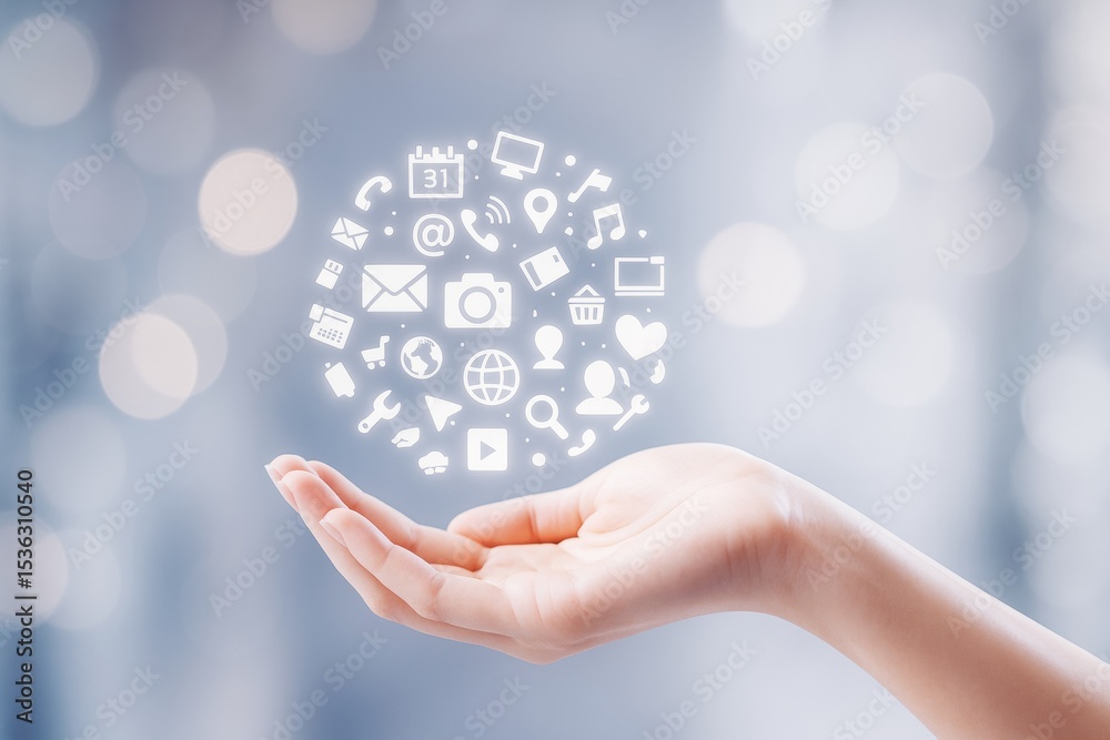 Poster human hand holding digital icons representing technology and communication on a soft light backgroun