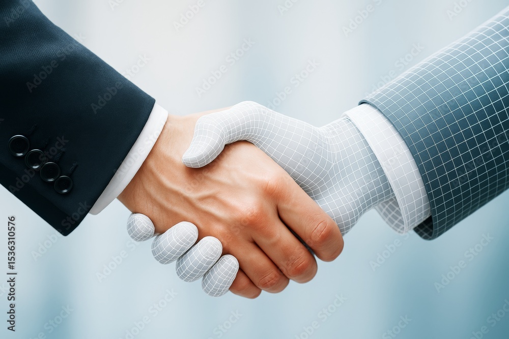 Aufkleber Human and robot handshake symbolizing collaboration between artificial intelligence and business professionals in a technology-driven environment.