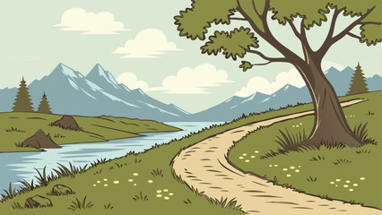 This paper-cut and craft-style vector illustration of the rainy season features a lovely pond surrounded by plants, grass, butterflies, and rainfall.