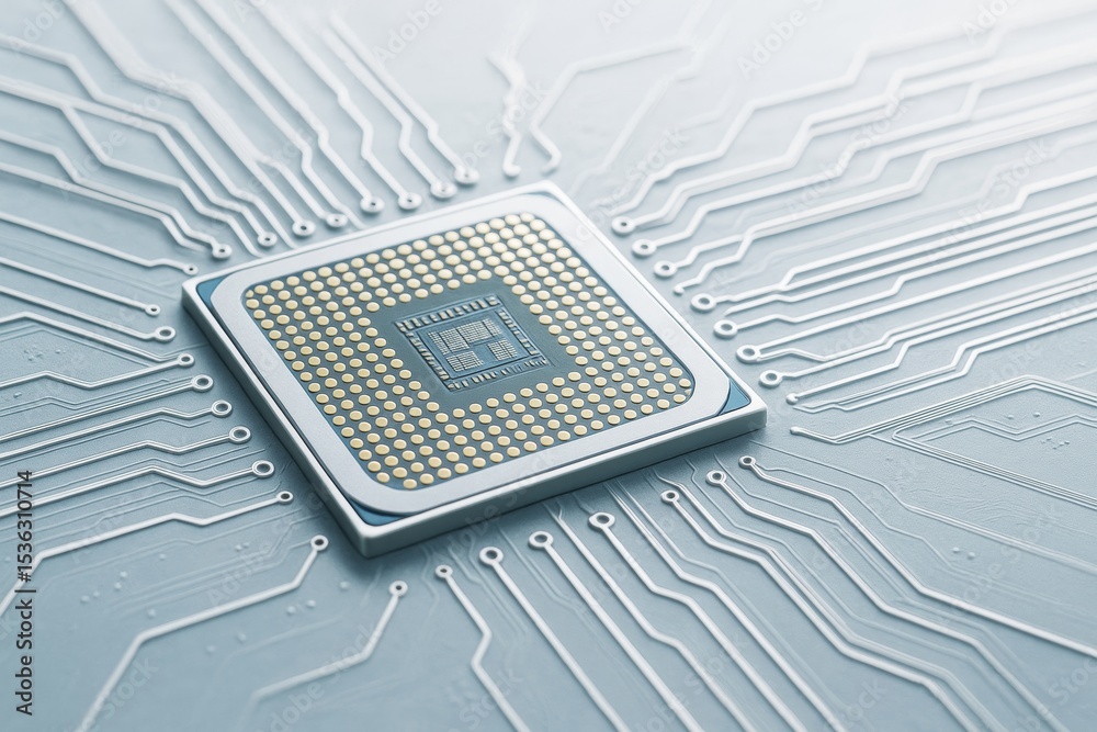 Aufkleber Central processor chip on circuit board with abstract electronic lines and soft light background representing futuristic tech concept..