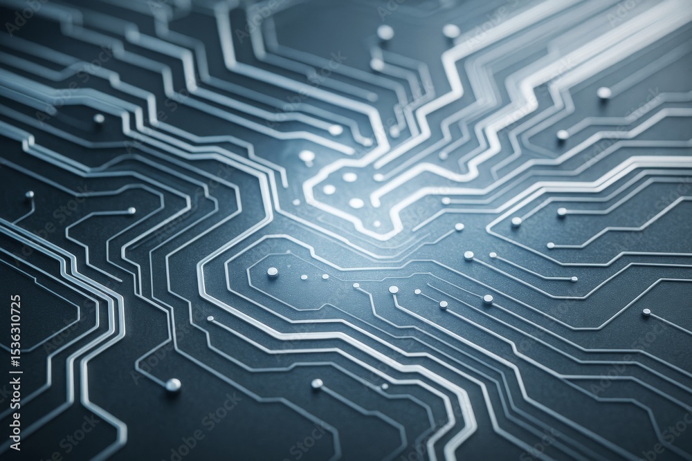 Aufkleber Futuristic tech circuit board background showing intricate electronic pathways with glowing light on dark surface, symbolizing digital connectivity concept.