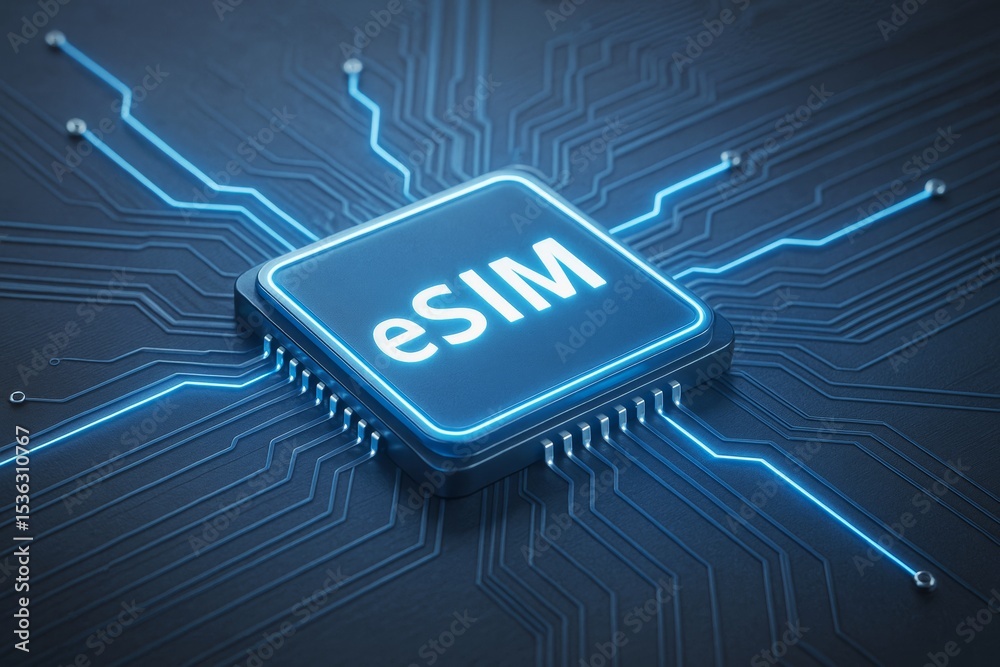 Poster close-up of glowing esim microchip on dark circuit board background with neon blue light, symbolizin