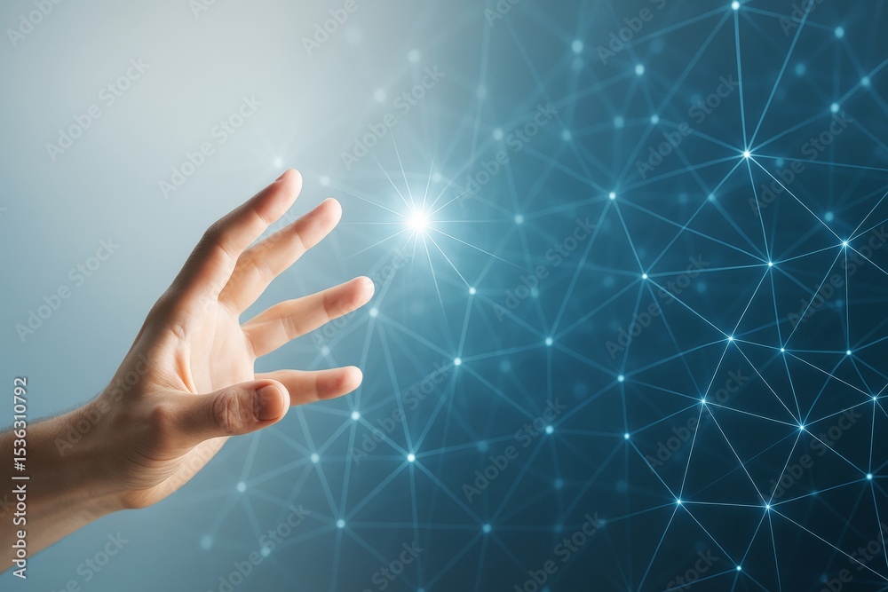 Poster Human hand reaching toward glowing point amid digital blue network mesh on gradient background symbolizing connection and futuristic technology concept.