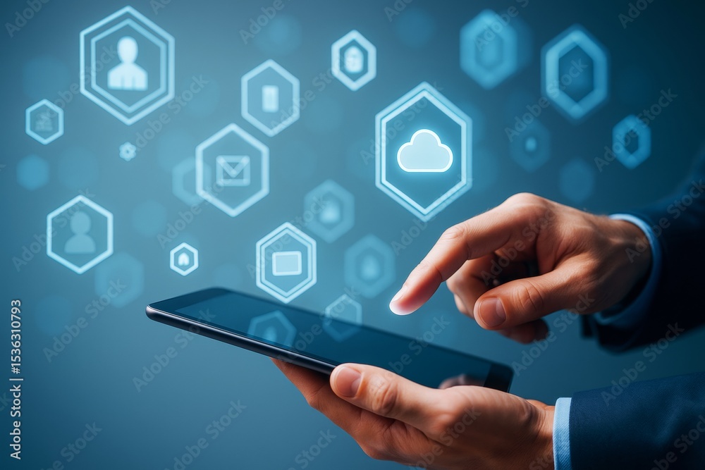 Poster Businessman using tablet with cloud technology icons on blue background for digital data management and modern cloud computing concept.