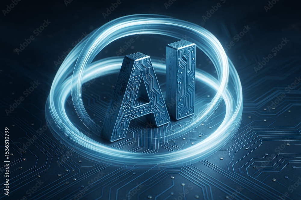 Aufkleber Futuristic AI letters with circuit patterns and glowing light rings on tech-inspired background in abstract digital style.