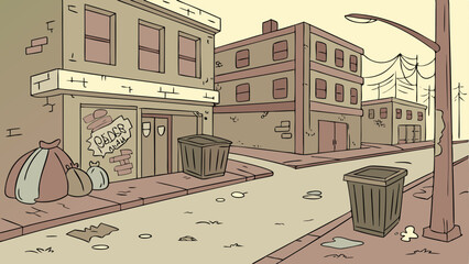 Slum dwellings, ghetto streets at night, and old structures with glow windows and graffiti on the walls. Roadside deteriorated homes with lights, fire hydrants, and trash cans vector cartoon