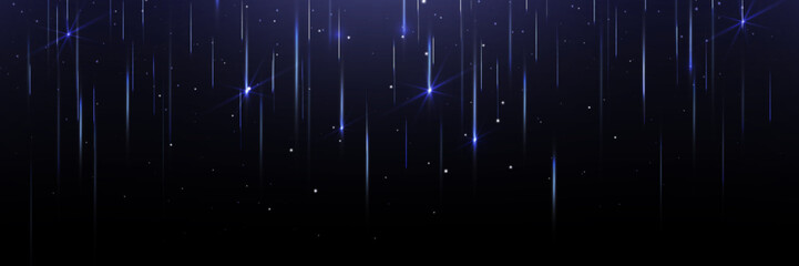 Blue shooting star shower with falling light streaks across dark night sky. Cosmic meteor rain effect with bright celestial trails and glowing particles. Space bg for astronomy or magical design. © klyaksun