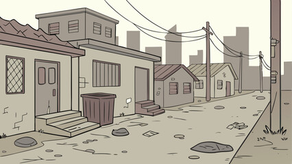 Slum dwellings, ghetto streets at night, and old structures with glow windows and graffiti on the walls. Roadside deteriorated homes with lights, fire hydrants, and trash cans vector cartoon