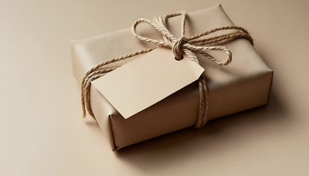 A blank kraft paper tag tied with a string on a gift box or fabric, symbolizing personal messages, minimalist packaging, or label design.
