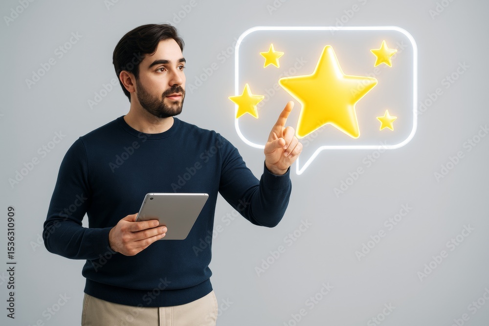 Poster Man interacting with glowing star rating interface while holding tablet, representing tech feedback concept on light background. Ai generative.