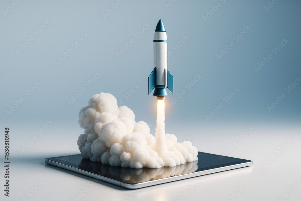 Aufkleber rocket launching from digital tablet with clouds and flame on light blue background, symbolizing cre