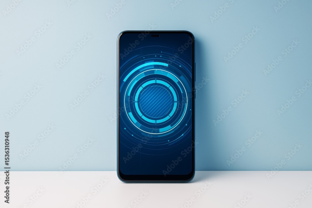Poster Futuristic smartphone display with digital tech interface on blue background for business or technology concept.