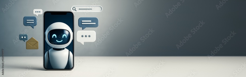 Aufkleber Chatbot robot character on smartphone screen with message icons on clean gradient background for tech banner or advertising template mockup.