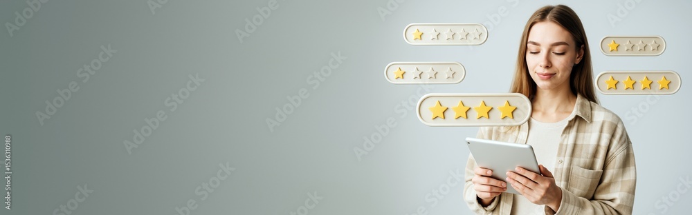 Poster woman using digital tablet with floating star ratings on light background for business feedback and 