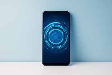 Futuristic smartphone display with digital tech interface on blue background for business or technology concept.
