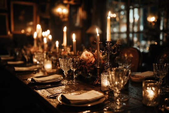 Intimate dining setting with candles and moody lighting