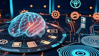 Digital art illustration of a human brain with gears, a clock, and a globe, representing the concept of business, technology, and time in a blue light circle design - Powered by Adobe
