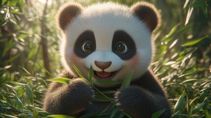 Obraz premium Cute panda cub eating bamboo in forest