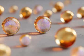 Iridescent gold orbs floating on matte surface