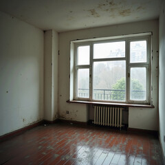 Natural light floods an empty, decaying room through a large window, highlighting the stained walls and worn wooden floor in a scene of urban desolation and neglect.
