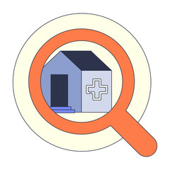 An illustration of a magnifying glass over a hospital building with a medical cross. Symbolizes searching for healthcare, finding a clinic, or medical provider research.